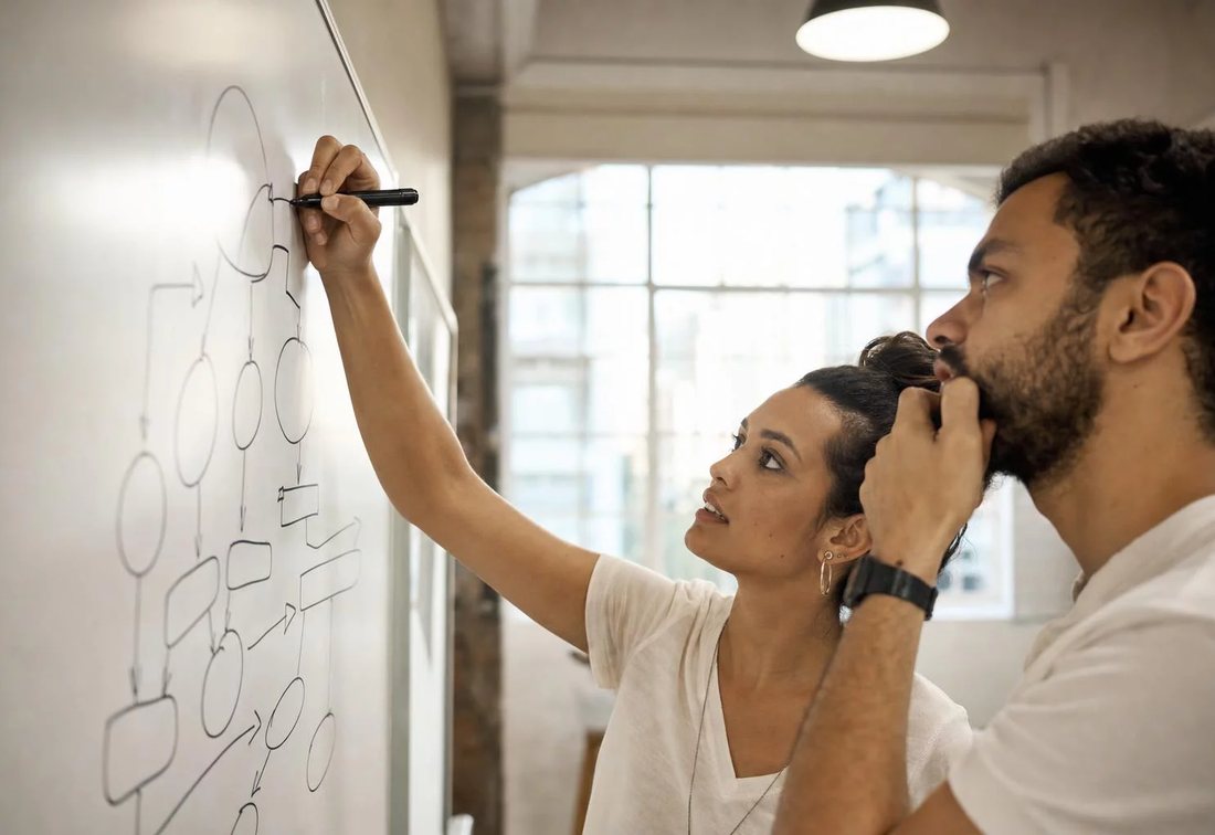 Dupla desenhando no quadro branco a estrutura de uma tese