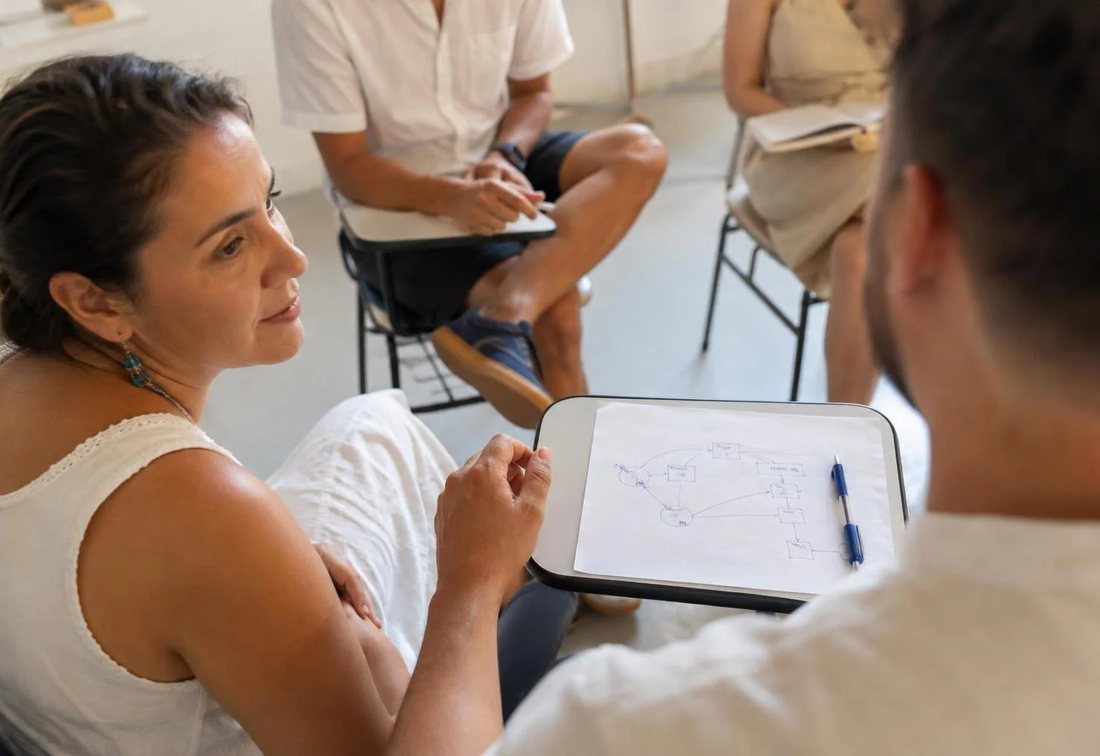 Colegas revendo no tablet as anotações do encontro anterior